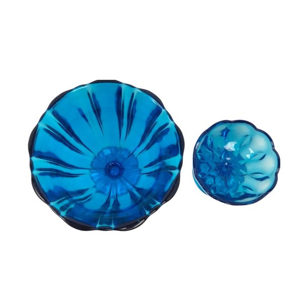 Vintage PAIR MCM Peacock Blue Pedestal Vase & Candy Dish LE Smith? MOD 7", 4" H - Picture 4 of 7